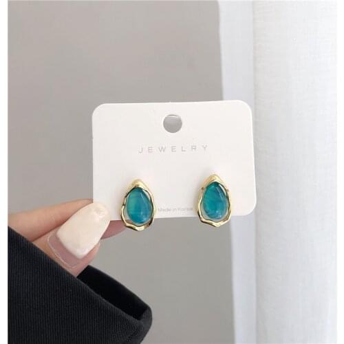 2021 South Korea new geometric hollow tear drop ear stud, simple blue water drop fashion womans earrings.Party jewelry gifts