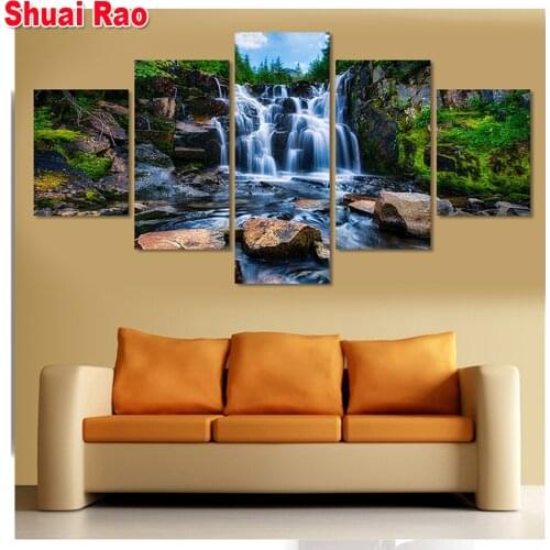 5D Diy diamond painting 5 Pieces Waterfall Landscape Diamond Mosaic diamond Embroidery round cross stitch picture of Rhinestone