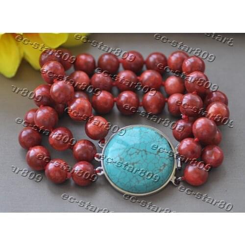 Z11288 3Row 8" 10mm Round Red Coral Bead Bracelet Turquoise Women Fasion Jewellery