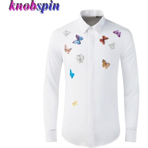 Colorful Butterfly Printed Shirt men Long sleeve Slim Business male dress Shirts Elegant Embroidery Cotton Camisas Size M-4XL