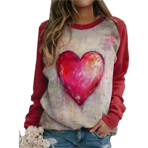 Elegant O-Neck Women Long Sleeve T-Shirts Streetwear Spring Casual Pullovers Spring Fashion Heart Pattern Printed Tops Pullover