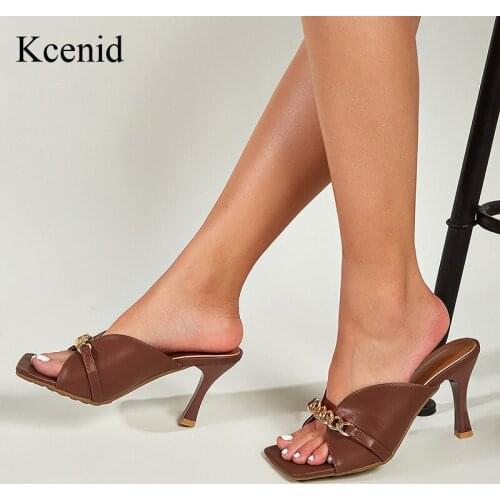 Kcenid Fashion Chain Design Square Toe Women Slippers Sandals High Quality PU Leather Stiletto High Heels Women Dress Shoes