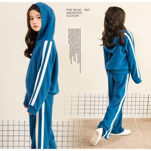 Teens Clothing for Girls Set 2021 New Blue Striped Hooded Pullover Sports Pants 2 Pcs Kids Tracksuit 10 12 Year Children Outfit