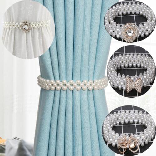 1pcs Pearl Tie Rope Elastic Band Creative Hook Curtain Buckle Free Installation Curtain Tie Ladies Rhinestone Pearl Waist Chain