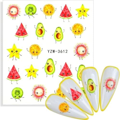 Cute Cartoons Avocado Nail Sliders Summer Design Fruit With Geometric Lines Water Decals Kiwi Lemon Sticker Paper Nail Accessory