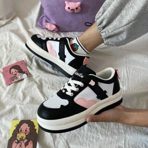 Kawaii Women Lolita Sneakers Cartoon White Casual Student Cute Girl Pink Shoes Heart Thick Heels Platform Sports Tennis Flats