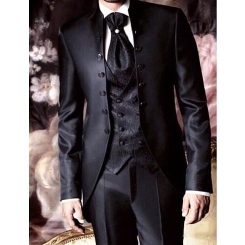 Fashionable Mens Stand-up Collar Double-breasted Wedding Groom Tuxedo Mens Suit Long Jacket Vest Pants