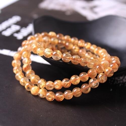 Genuine Natural Gold Rutilated Quartz Crystal Cat Eye Clear Round Beads Bracelet 6.5mm Wealthy Stone Women Men AAAAAA