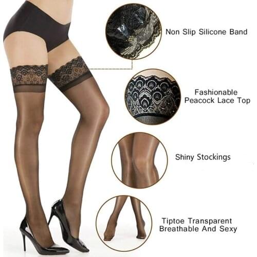 Non Slip Silicone Stocking Womens Fashionable Peacock Lace Top Shiny Stockings Tiptoe Transparent Breathable and Sexy Hosiery