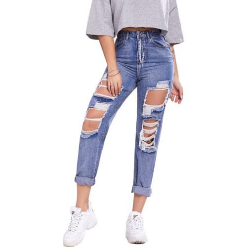 2021 New Ripped Jeans For Women Big Size Ripped Trousers Leggings Women Jean Casual Mom Jeans Blue Womens Denim Pants