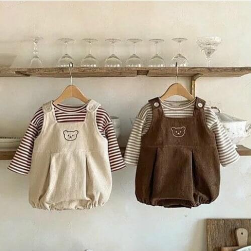 9010 Baby Clothing Set Ins New Infant Stripe Suit Autumn 2021 Boys Two Piece Set Long Sleeve T-shirt +Corduroy Strap Pant