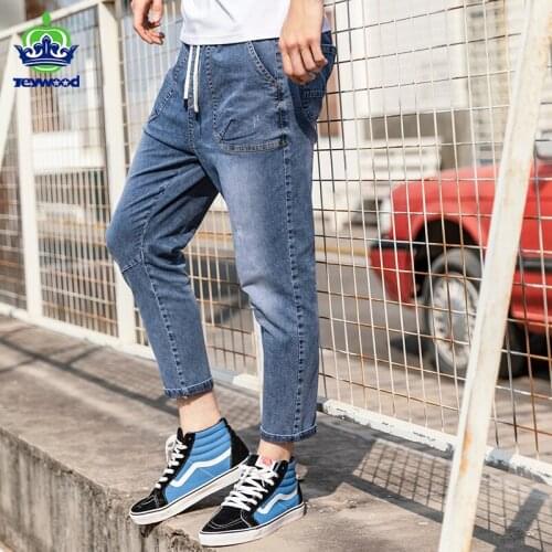2021 Summer Autumn New Tie waist Tapered Jeans Men Fashion Cotton Ankle-Length Pants Blue Denim Trousers Plus size M-3XL