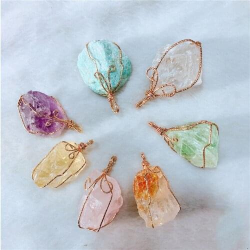 Necklace Natural Raw Stone Irregular Rough Crystal Hole Polished Pendant Clavicle Sweater Chain Healing Lady Gifts Accessories