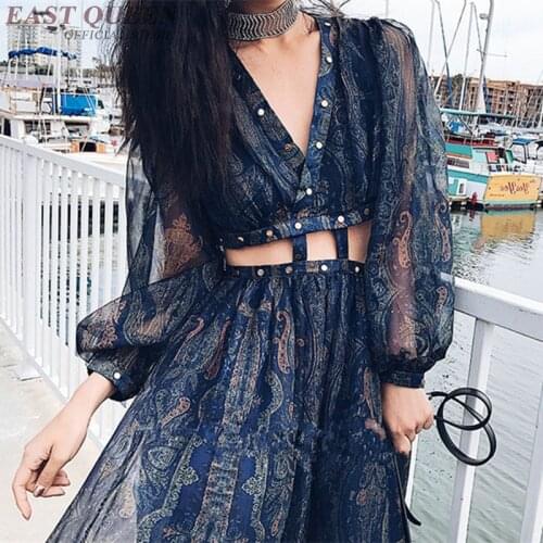 Womens summer sexy bohemian dress A-line printed embroidery hollow out lantern full sleeve Mexican v-neck dress AA3367 F
