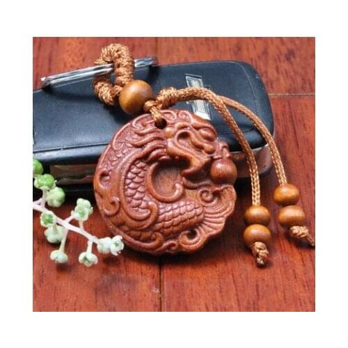Rosewood Carving Chinese Dragon Loong Statue Sculpture Pendant Key Chain