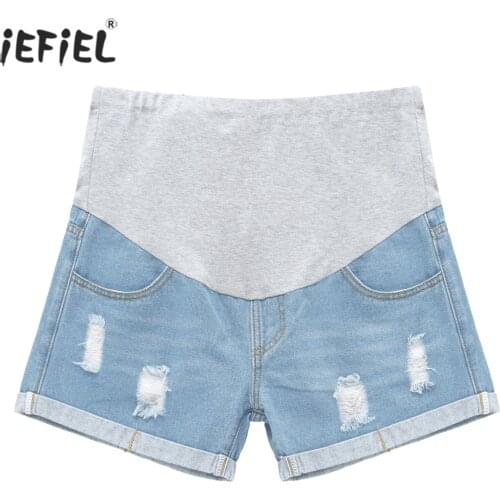 Maternity Ripped Denim Shorts Pregnant Women Distressed Denim Shorts Pregnancy Adjustable Waist Belly Loose Jeans Short Pants