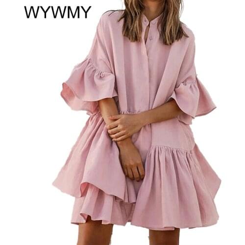WYWMY Summer Women Ruffles Mini Dress Bohemian Casual O-neck Half Sleeve Loose Shirt Dress Lady Solid Sexy Pleated Vestido Robe