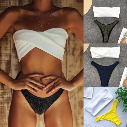 Ladies beach wear 2020 white swimsuit biquini mulher padded bikini cheeky bottom strapless gold bikinis tankini thong swimwear