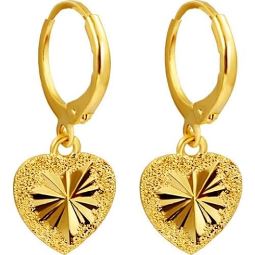 24K Yellow Gold Drop Earring for Women Fine Romantic Heart Jewelry