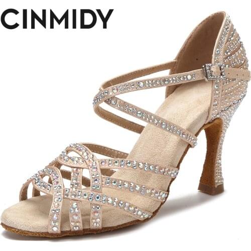 CINMIDY Womens Latin Dance Shoes Tango Ballroom Dance Training Shoes Ladys Girls Sandals Rhinestone Wedding High Heels 5CM-10CM