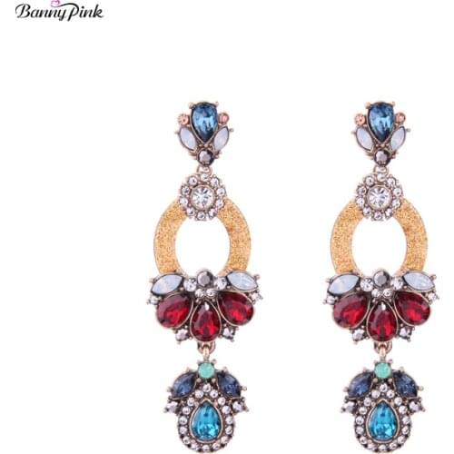 Banny Pink Vintage Waterdrop Statement Studs Earrings For Women Elegant Rhinestone Pendant Post Earrings Colorful Long Earrings