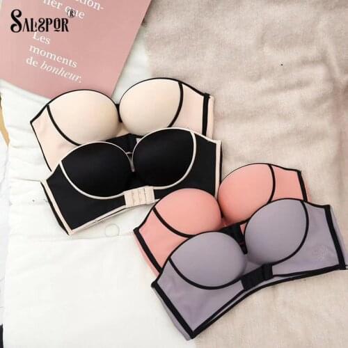 SALSPOR Push Up Strapless Bra Women Sexy Front Buckle Invisible Bralette Color Contrast Seamless Lingerie Without Straps Bra