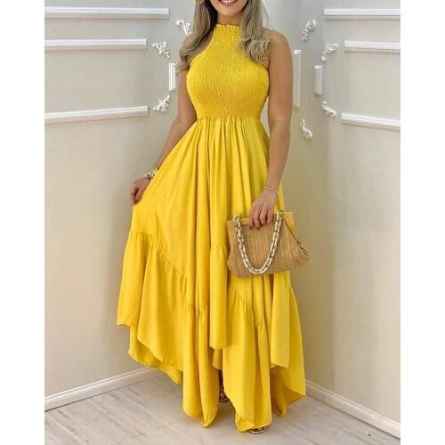 Women Dress Plain Sleeveless Ruched Maxi Pleated Dress Summer Dress