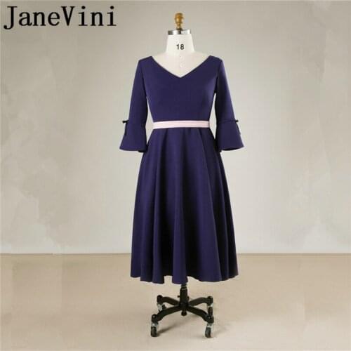 JaneVini Simple Navy Blue Evening Dresses A Line Long Sleeve V Neck Zipper Back Satin Formal Mother of the Bride Dress Plus Size