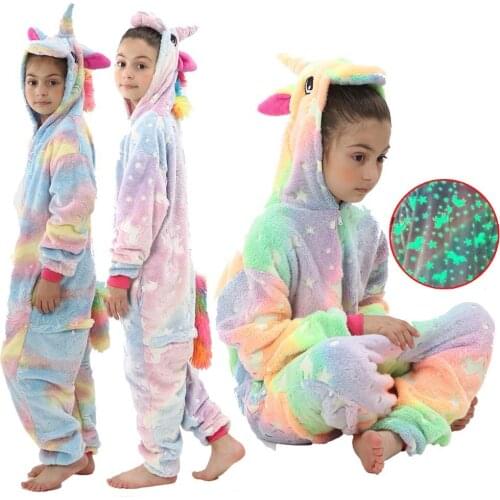 Winter Flannel Kids Glow In Dark Pajamas Unicorn Kigurumi Glow in the Dark Onesies Stitch Panda Warm Jumpsuits Sleepwear