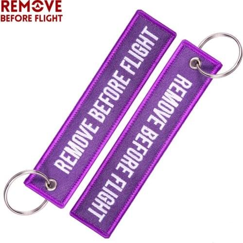 100 PCS/LOT Wholesale Keychain for Cars Customized Key Chains Purple Embroidery Key Fobs REMOVE BEFORE FLIGHT Fashion Key Chain