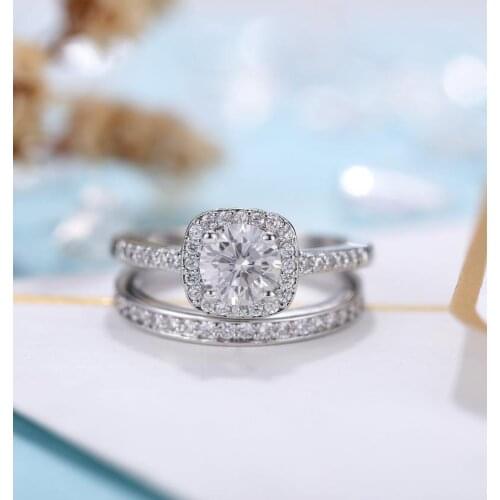 Solid 14K White Gold Moissanite Halo Bridal Set for Women Center 6mm D Color Moissanite Engagement Ring 2 PCS