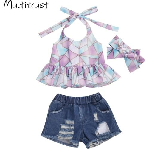 Stylish Clothes 2020 Summer Toddler Girl Clothes Hanging neck Sleeveless Geometric print Top+Hole Denim Shorts +Headband 3pcs
