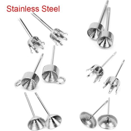 30pcs Hypoallergenic Stainless Steel Stud Earring Base Findings Cubic Zircon Stones Cabochon Settings Diy Jewelry Accessories