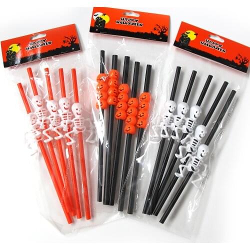 5PCS Halloween Series Plastic Straw With Skull Pumpkin Disposable Tableware Trick Or Treat Bar Props Party Decor Home Supplies