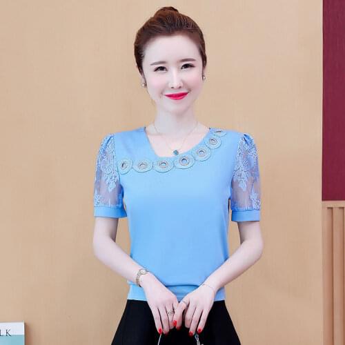 Womens Spring Summer Style Chiffon Blouses Shirt Womens Solid Short Sleeve Lace Skew Collar Casual Tops DD9046
