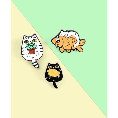 Cartoon Animal Brooches Black White Couple Cat Fish Bone Enamel Pins Clothes Collar Lapel Pin Bag Metal Badges Jewelry