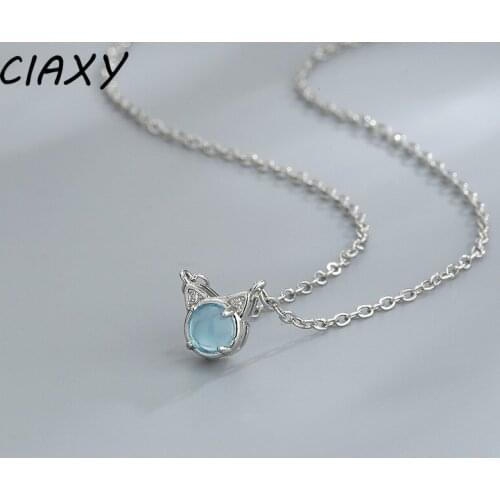 CIAXY 925 Sterling Silver Cute Cat Pendant Necklaces for Women Animal Style Clavicle Chain Choker Blue Crystal Jewelry Gift