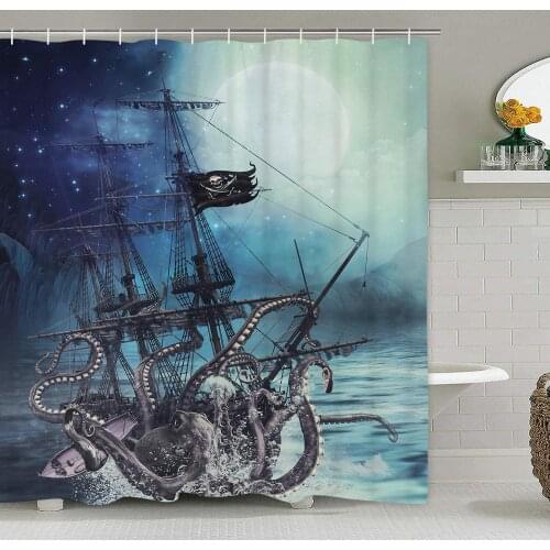 Octopus Shower Curtain Nautical Pirate Ship Shower Curtain with 12 Hooks, Octopus Tentacles Sailboat Under Moon Shower Curtain