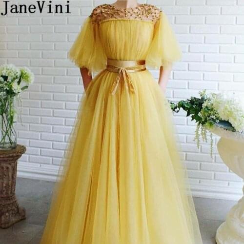 JaneVini 2020 Elegant Yellow Prom Dresses with Half Sleeves Beaded Neck Puffy Tulle A Line Evening Dress Women Party Gown suknie