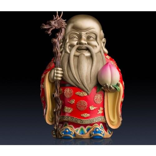 14.9in Chinese Art Deco Pure Brass painted god of longevity Old Man Men sculpture Decoration Home Furnishings Gift Statue