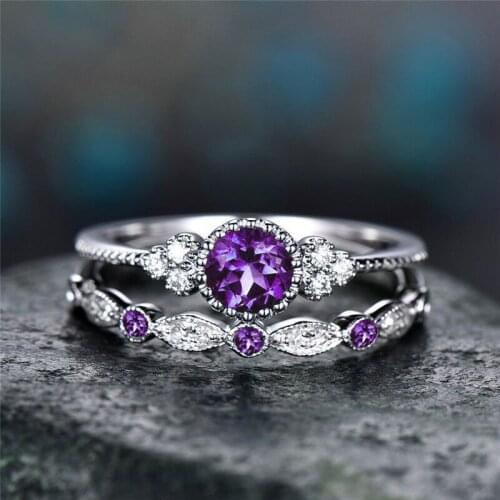 Boho Female Purple Round cut AAA+ CZ Crystal Ring Set Brand Luxury Promise Silver color Ring Bridal Wedding Rings For Women