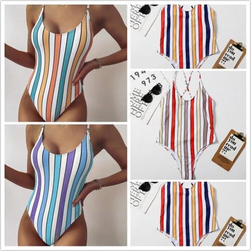 Sexy Color Striped One Piece Swimsuit Women Cut Out Monokini Stripe High Waisted Bathing Suit Thong Swimwear Bodysuit Beach Wear
