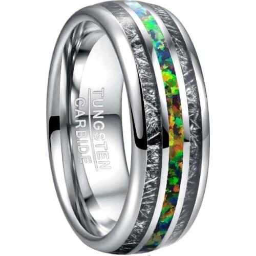 2019 8mm Silver Color Stone Mens Ring Inlaid Black Meteorite Green Opal Wedding Band Engagement Ring Tungsten Carbide Ring