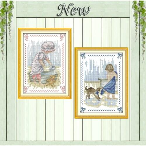 Bathe girl dog home decor paintings counted printed on canvas DMC 11CT 14CT Chinese Cross Stitch kits embroidery needlework Sets