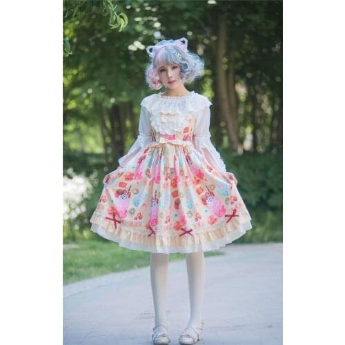 Lolita dress vintage lace bowknot cute printing high waist princess victorian strap dress kawaii girl gothic lolita cosplay loli
