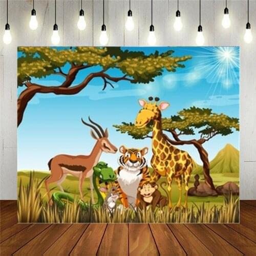 Photo Studio Props Photography Backdrop Wild Animals In Savanna Field Cartoon Vinyl Background Kids Birthday Party Decoration