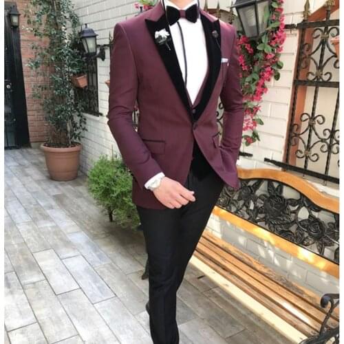 Newest Burgundy Wedding Suits Tuxedos Slim Fit Three Pieces Mens Prom Suit Peaked Lapel Man Business Clothes