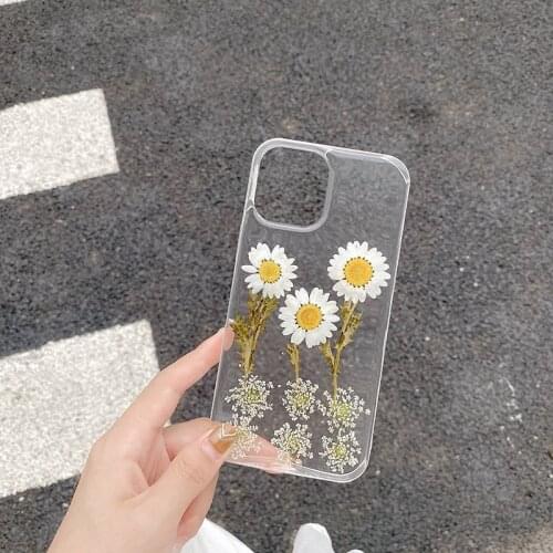 Dried Real flower chrysanthemum soft Silicone Phone Case for apple iphone 12 Pro 7 8 plus 11 X XS XR MAX MiNi SE girl Lace cover
