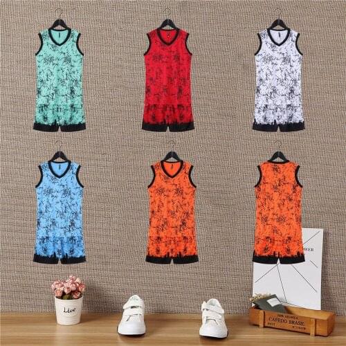 Brand New Polyester Patterned Sleeveless Jerseys With Shorts Basketball Clothes For Girls Boys With Rib Knit V Neckline LB8103K