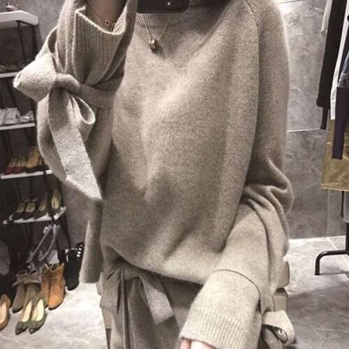 New winter High Quality Cashmere knitted Two piece set Bow Long sleeve pullover Sweater + Elastic wiast Tracksuits pants suit